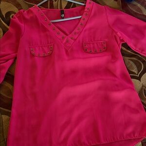 Vibrant Pink V-Neck Blouse with Stud Accents